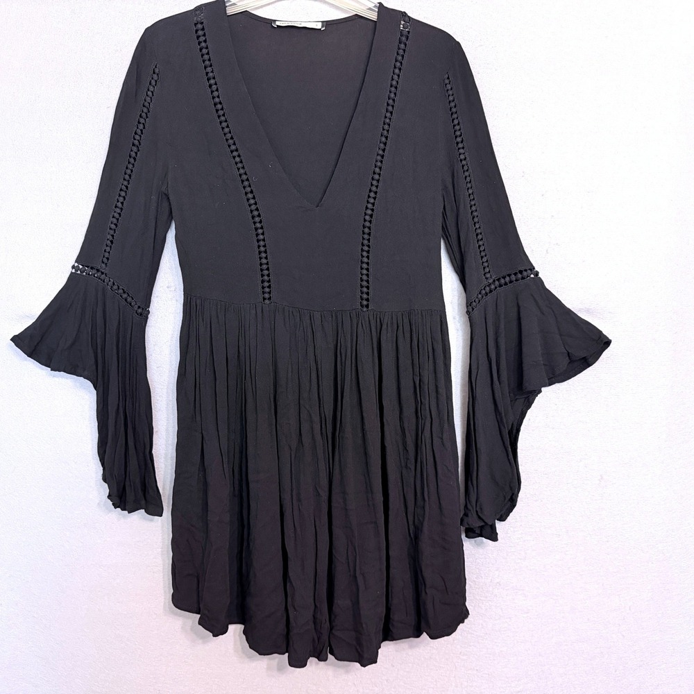 Catch‎ Stitch Women's Boho V-Neck Bell Sleeve Mini Dress Size S Whimsigoth Indie